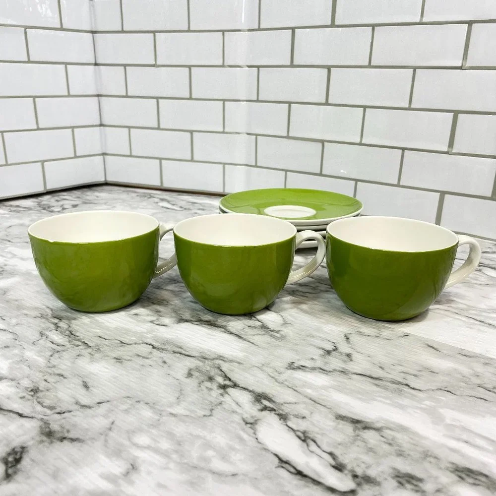 Crate & Barrel Hamptons Green Coffee Tea Cups and Saucers 7 Pieces